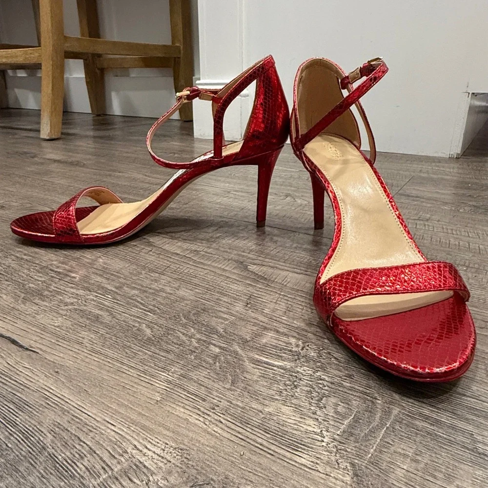 Michael Kors Red Metallic Snakeskin Embossed Leather Sandals Heels 11M